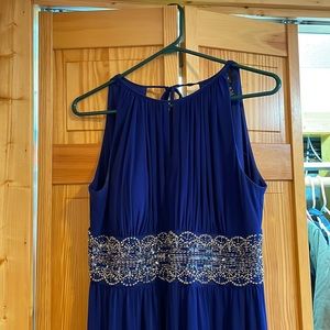 R & M Richards Sleeveless Embellished Halter Evening Gown